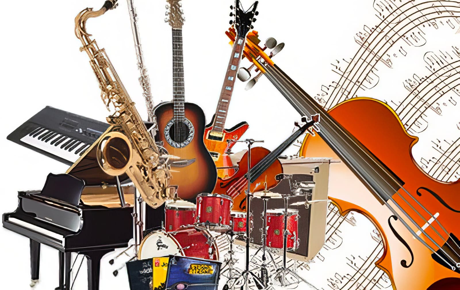 A collage of instruments: saxophone, guitars, violin, cello, drum kit, piano and keyboard